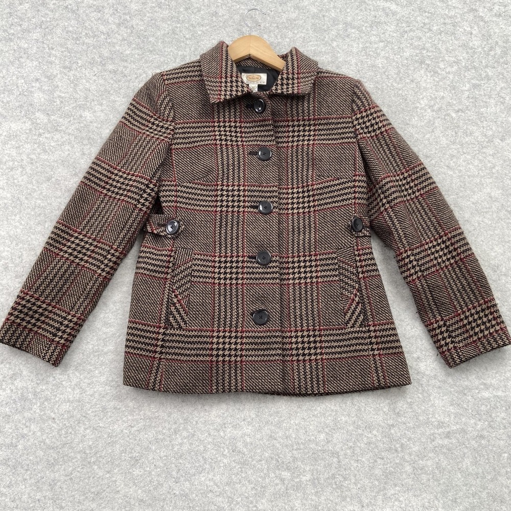 Talbots Coat Womens 6P Brown Plaid Wool Tweed Button Pea Short Petite Classic